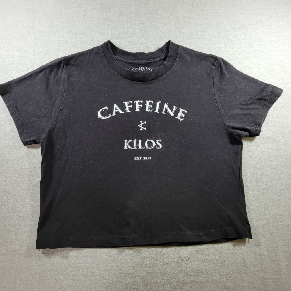 Caffeine & Kilos Graphic Crewneck Crop Top Womens Medium Black Excellent Cotton